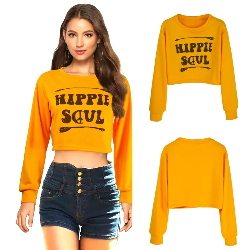 Damen Kurzes Cropped-Sweatshirt mit Print, Rundhalsausschnitt & langen Ärmeln – Mavelle