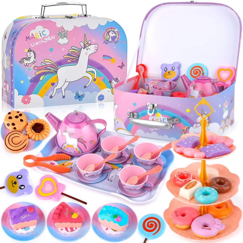 48-piece tea set children metal, tea set children with unicorn suitcase, tea party set kid
