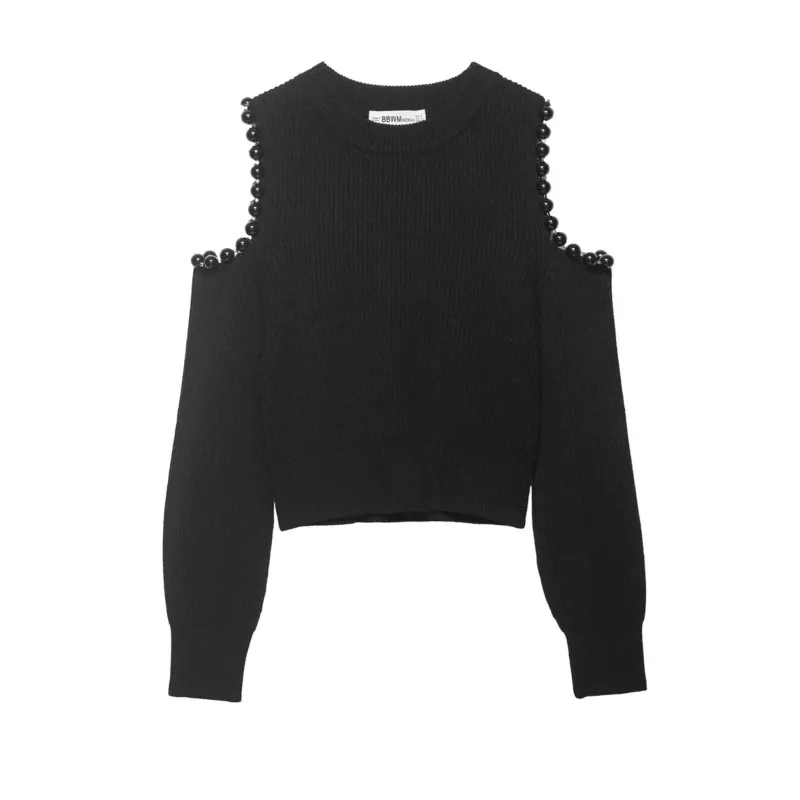 Damen Gestrickter Cropped-Pullover mit Cut-Out-Schultern und Perlenbesatz Echoarchiv