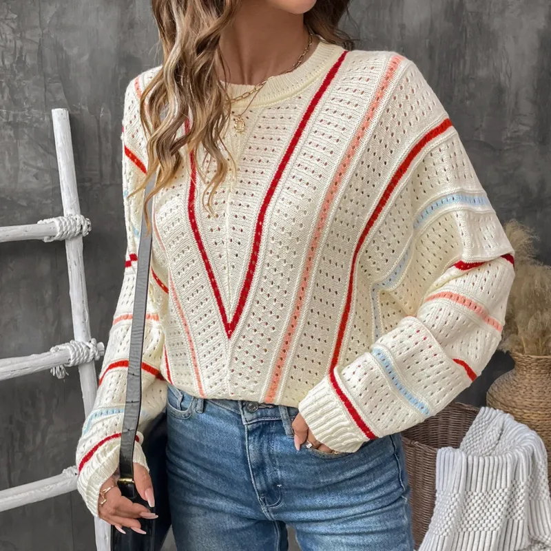 Damen Oversize-Ajourstrickpullover mit V-Streifen-Design – Mavelle