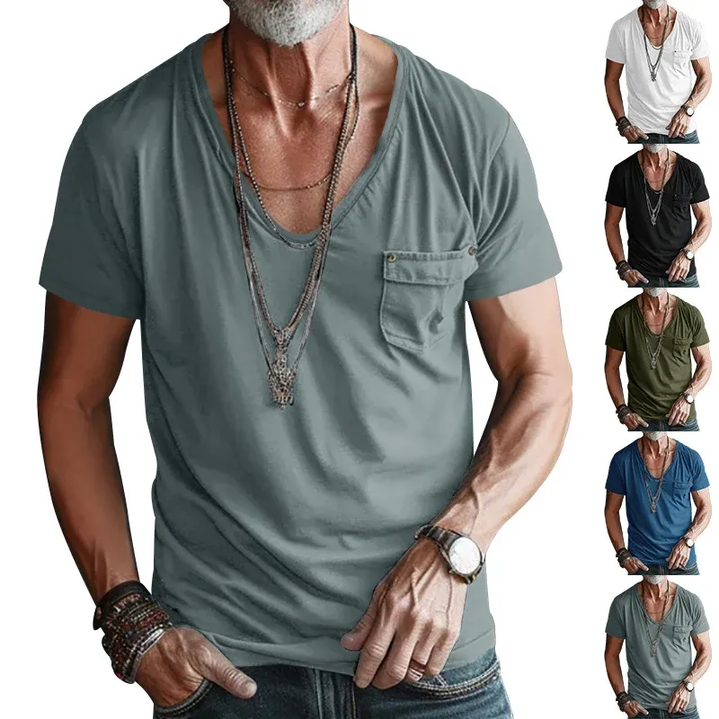 Herren hochwertiges V-Ausschnitt T-Shirt mit praktischer Brusttasche – Marzano