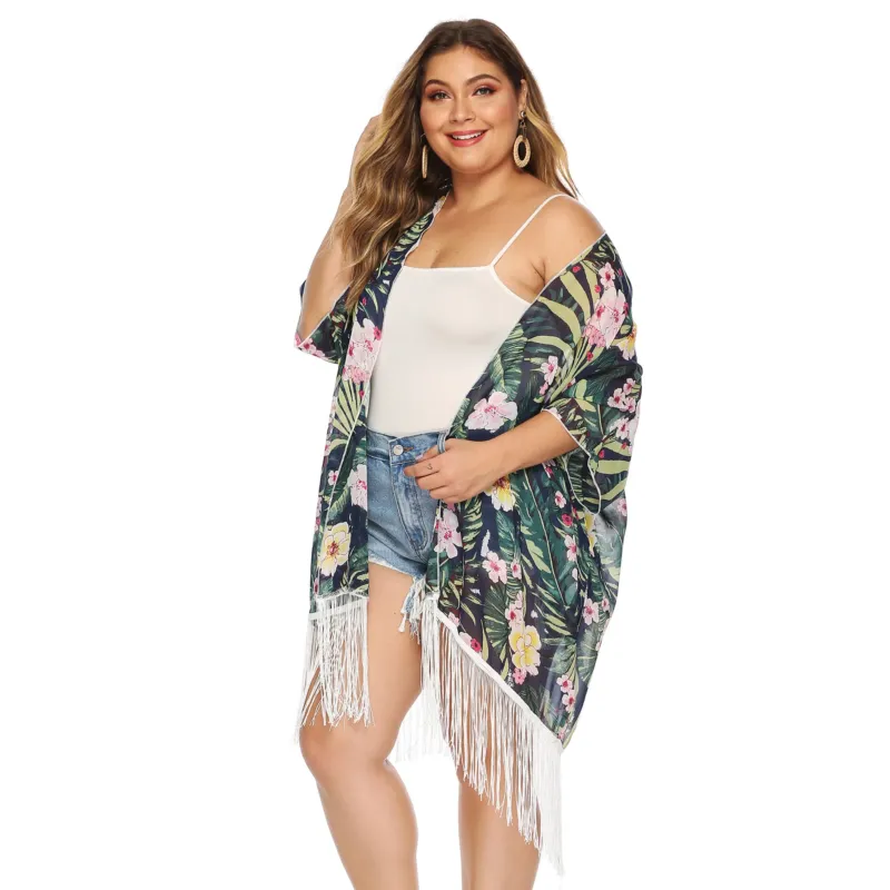 Damen luftiger Strandkimono mit fransigen Akzenten – Avérine