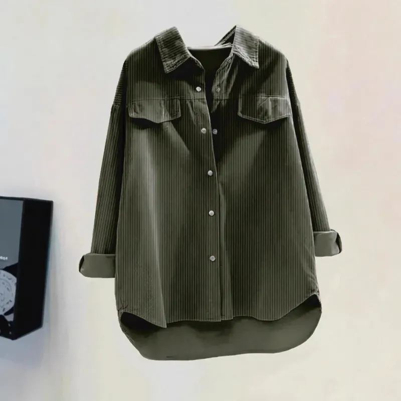 Damen Oversize-Cordhemd mit Brusttaschen & abgerundetem Saum – Avérine