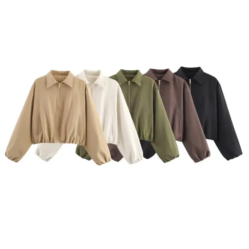 Damen cropped Blousonjacke mit Reißverschluss, Hemdkragen, Eingrifftaschen und elastischem Saum – Célinea