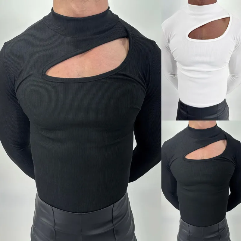 Damen eng anliegendes Langarm-Oberteil aus feinem Rippjersey mit asymmetrischem Schulter-Ausschnitt und hohem Kragen – Avérine