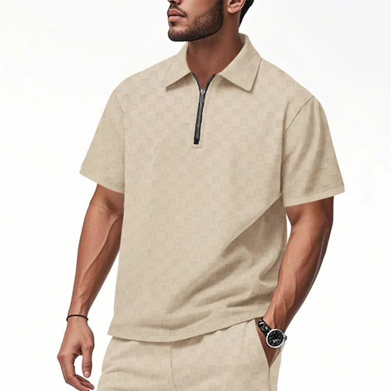 Herren Kurzarm-Hemd mit Reißverschluss und strukturiertem Design – Arvello